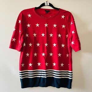 Talbots Womens Red Short Sleeve Patriotic Flag Classic Pullover Sweater Size L